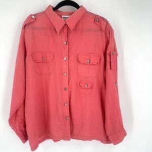Vintage Chico’s 100% Linen Pink Bombay Button Down Shirt Size XL Roll Tab
